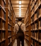  男子在图书馆书架间行走(2)6803#竖屏 	 