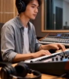  男子在录音室弹奏电子琴2591#竖屏 	 