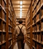 男子在图书馆书架间行走(1)2832#竖屏 	 