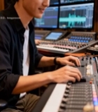  男子在录音室操作调音台288#竖屏 	 