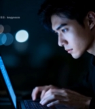  男子夜间专注使用笔记本电脑1724#竖屏 	 