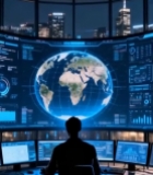  男子于控制室查看地球数据大屏7079#竖屏 	 