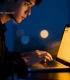  男子夜晚专注使用笔记本电脑846#竖屏 	 