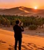  男子沙漠中拍摄日落景象5889#竖屏 	 