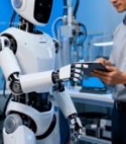  男子与机器人互动交流场景6729#竖屏 	 