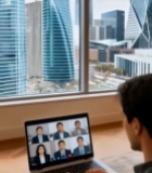  男子室内沙发上用笔记本视频会议1828#竖屏 	 