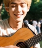  男生户外持吉他微笑特写7578#竖屏 	 