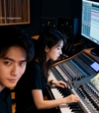  男女在录音室操作设备2084#竖屏 	 