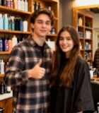  男女在理发店合影6993#竖屏 	 