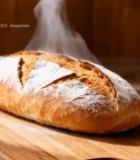  木制砧板上的热气腾腾面包4279#竖屏 	 