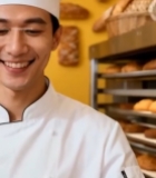  男厨师展示烘焙面包7311#竖屏 	 