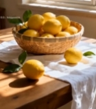  木桌竹篮中盛放的新鲜柠檬4173#竖屏 	 