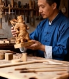  木雕匠人手持木雕作品(2)3177#竖屏 	 