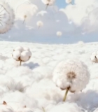  棉花地中蒲公英与白云背景7384#竖屏 	 