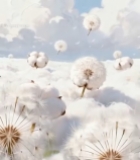  棉花地中蒲公英与白云景观4661#竖屏 	 