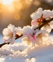  雪中绽放的粉色花朵特写2216#横屏 	 