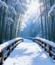  雪后竹林木桥风景132#横屏 	 - 