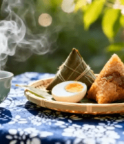 桌上摆放的粽子茶水与鸭蛋5228#横屏 
