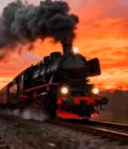  夕阳下行驶的蒸汽火车1891#横屏 	 - 