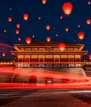  西安古建筑夜景与飞悬红灯笼123#横屏 	 - 