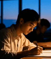 夜晚男生在台灯下学习场景1287#横屏 