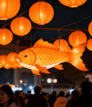 夜晚悬挂的灯笼与鱼形花灯4798#横屏 
