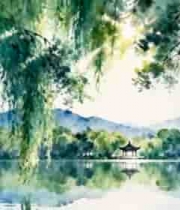  水墨风湖畔垂柳与亭素材189#横屏 	 