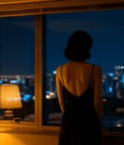 夜晚窗边身着礼服的女性背影1056#横屏 