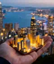  手持城市建筑模型与香港夜景45#横屏 	 