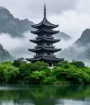  山水间湖心宝塔景观438#横屏 	 