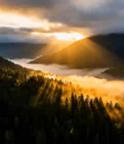  山林间日出阳光穿透云雾景象1068#横屏 	 