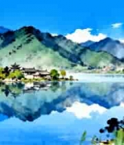  山水湖泊中式建筑风景2485#横屏 	 