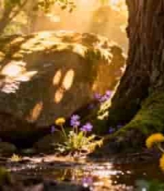  森林中阳光照耀下的岩石与花草411#横屏 	 