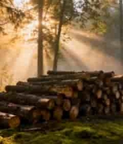  森林中阳光照耀下的木材堆1324#横屏 	 