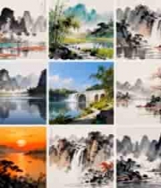  中式山水绘画素材2385#横屏 	 - 