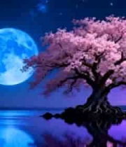  月夜下的粉色樱花树景观2895#横屏 	 