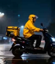 雨夜外卖员骑电动车送餐画面991#横屏 	 - 