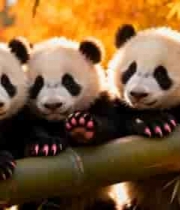  三只熊猫靠在竹子上380#横屏 	 