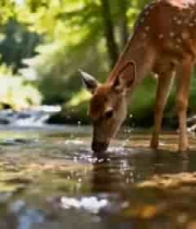  森林中鹿在溪流边饮水1704#横屏 	 