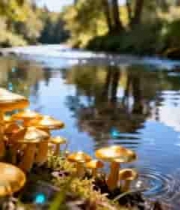  森林小溪旁的金色蘑菇813#横屏 	 - 