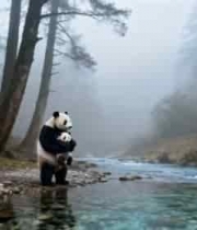  森林溪边大熊猫抱幼崽画面1107#横屏 	 