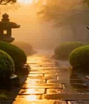  日式庭院晨光下石灯笼景观1795#横屏 	 