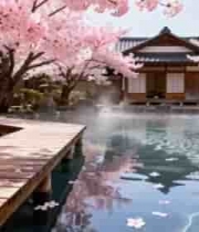 日式庭院樱花下的温泉池景观2695#横屏 	 