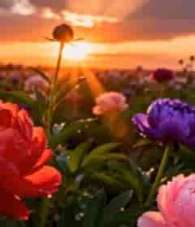  日落时分花卉田野景象3068#横屏 	 -