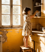 小女孩在厨房橱柜取碗素材420#横屏 