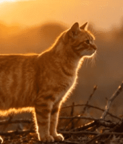 夕阳下站立的橘色条纹猫咪4281#横屏 