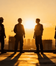 夕阳下建筑工地工人交流场景2#横屏 