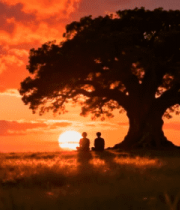 夕阳下两人坐于大树旁草地1463#横屏 