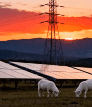 阳下光伏板旁吃草的羊群2312#横屏 