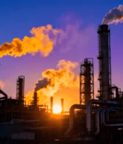 夕阳下的工厂烟囱全景3090#横屏 